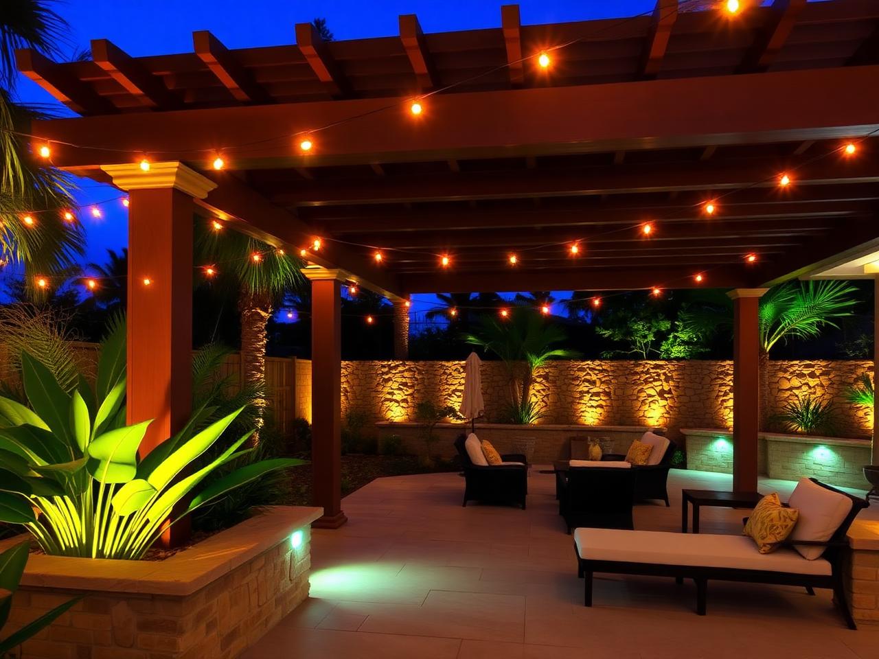 Pergola with string lights and uplit foliage