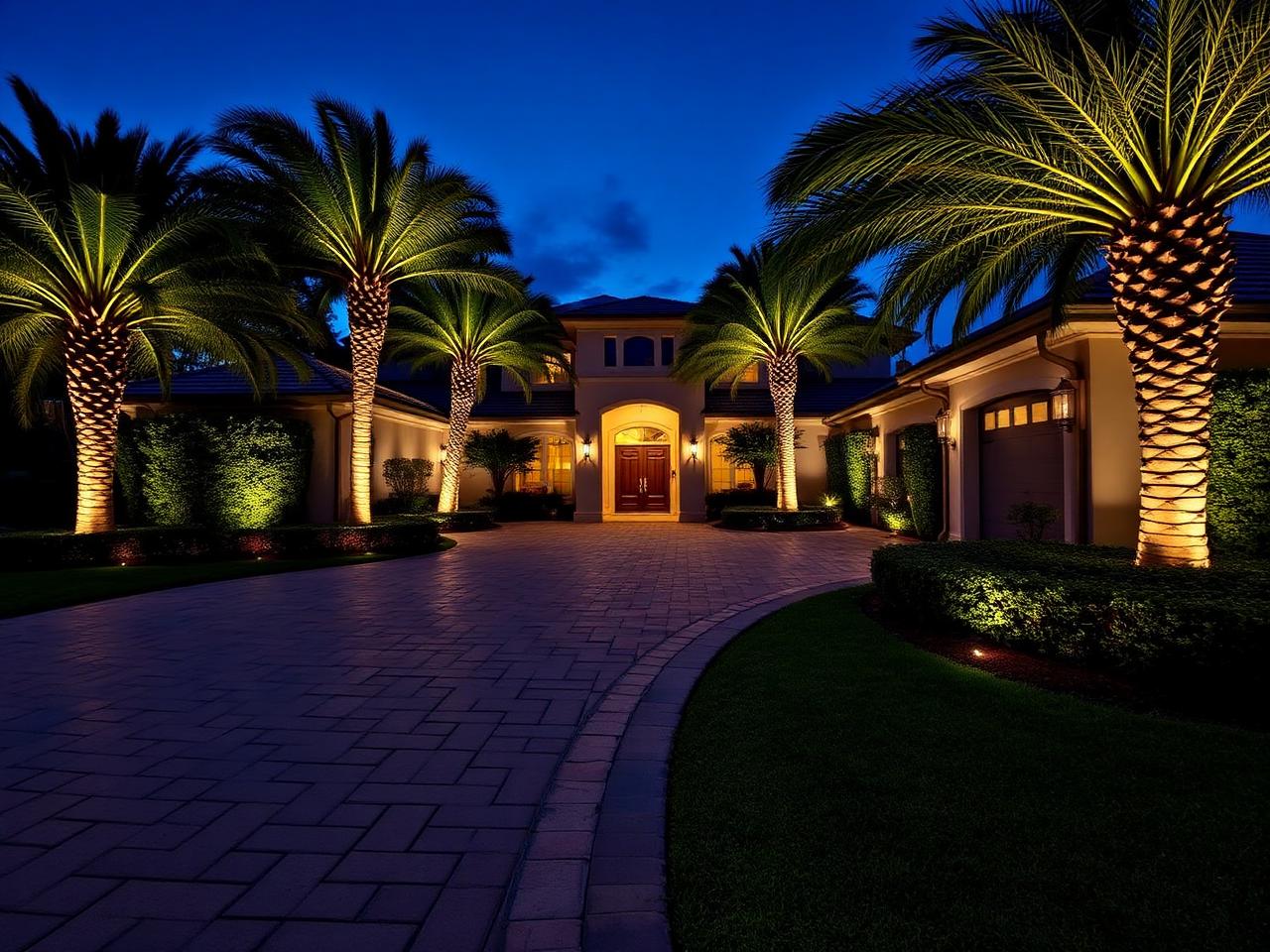 Lit paver driveway with uplit palms