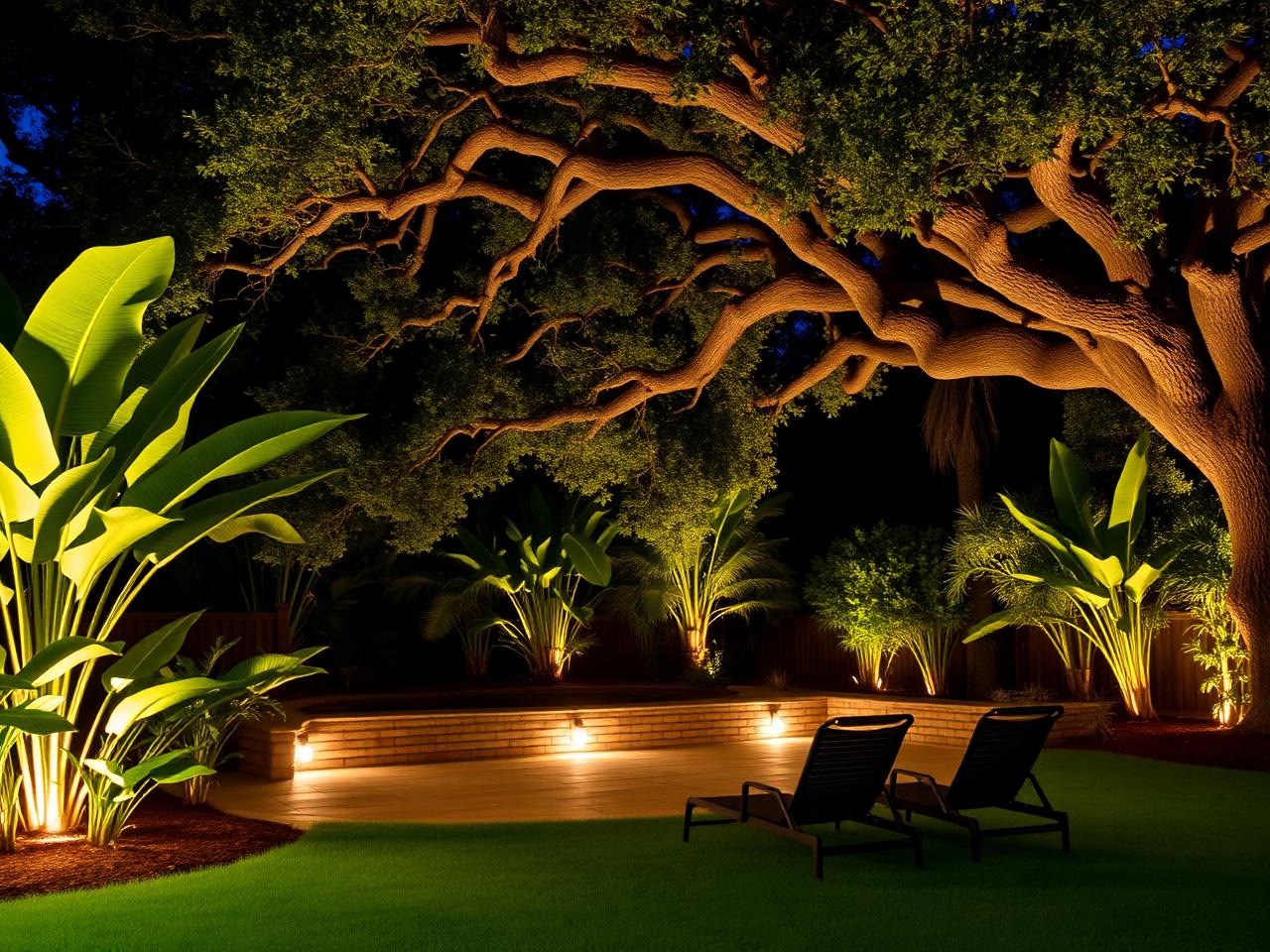 Backyard lawn patio under a downlit oak canopy
