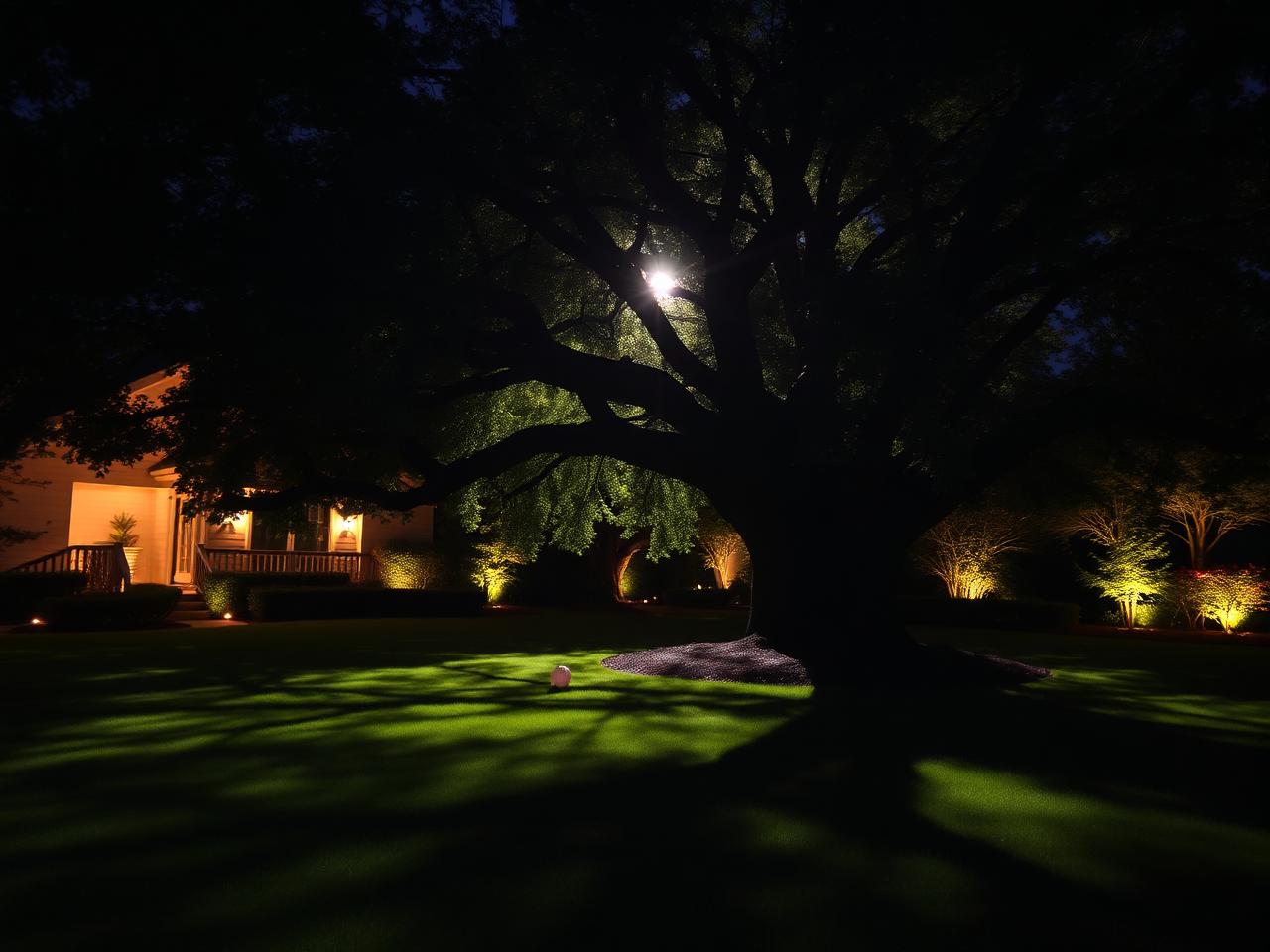 Moonlight effect from a large oak casting shadows on a lawn