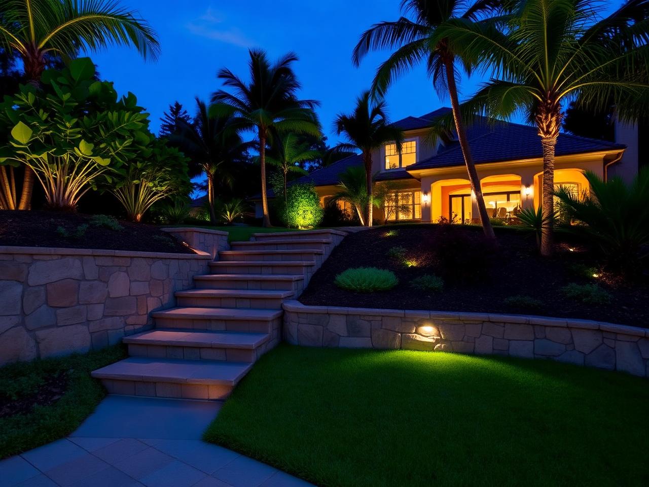 Stone steps with recessed step lights leading to a Florida home