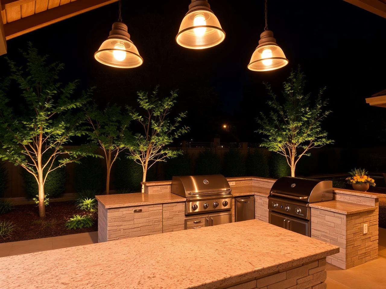 Outdoor kitchen with warm pendant lighting
