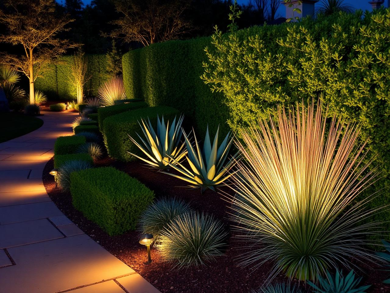 Lit garden bed with agaves and ornamental grasses
