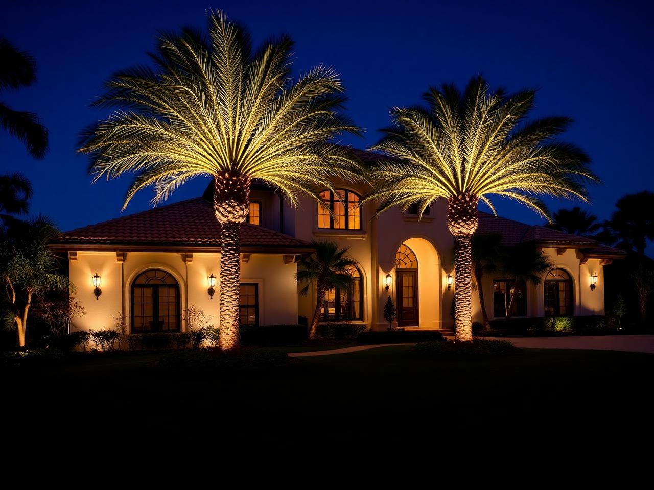 Mediterranean estate with uplit royal palms