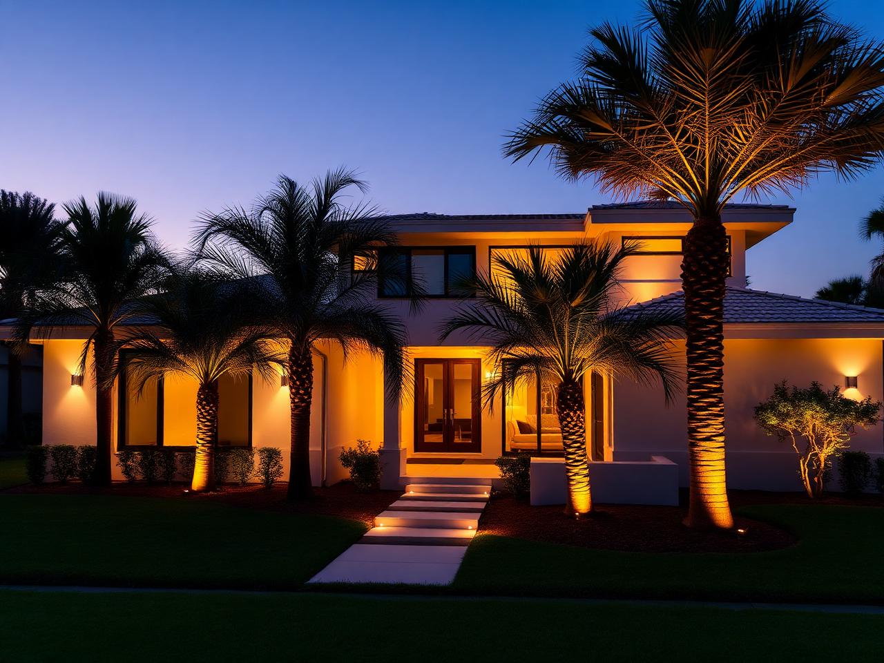 Modern Florida home with flat roof and uplit palms