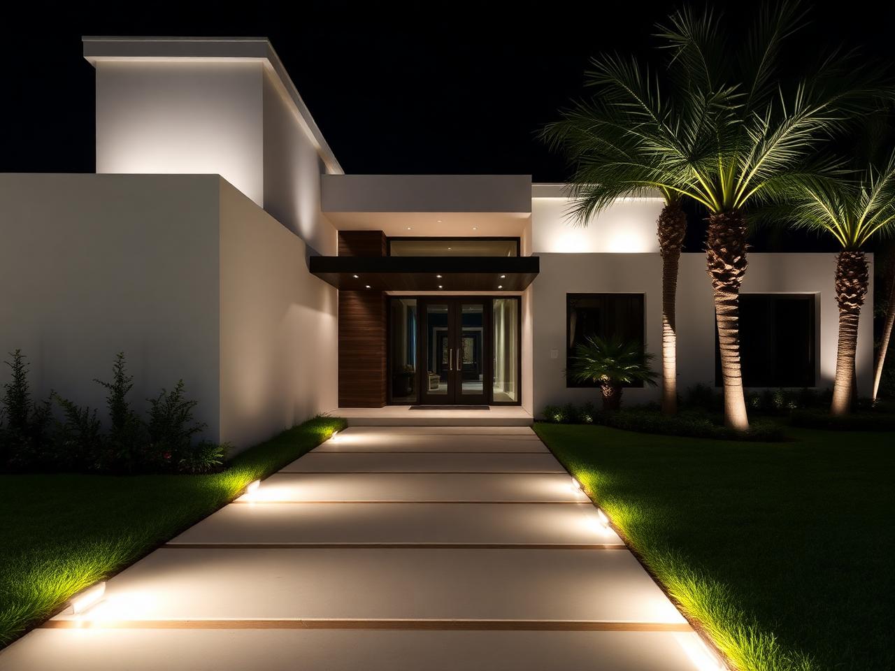 Minimalist modern Florida home entry with linear path lights