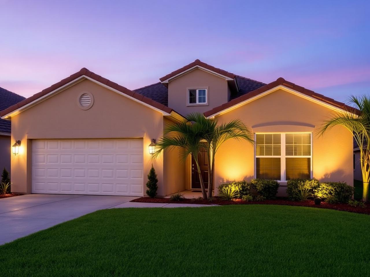 New construction Florida home with uplit facade and shrubs
