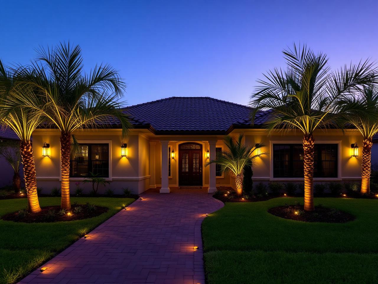 New Florida home with coach lights and paver walkway