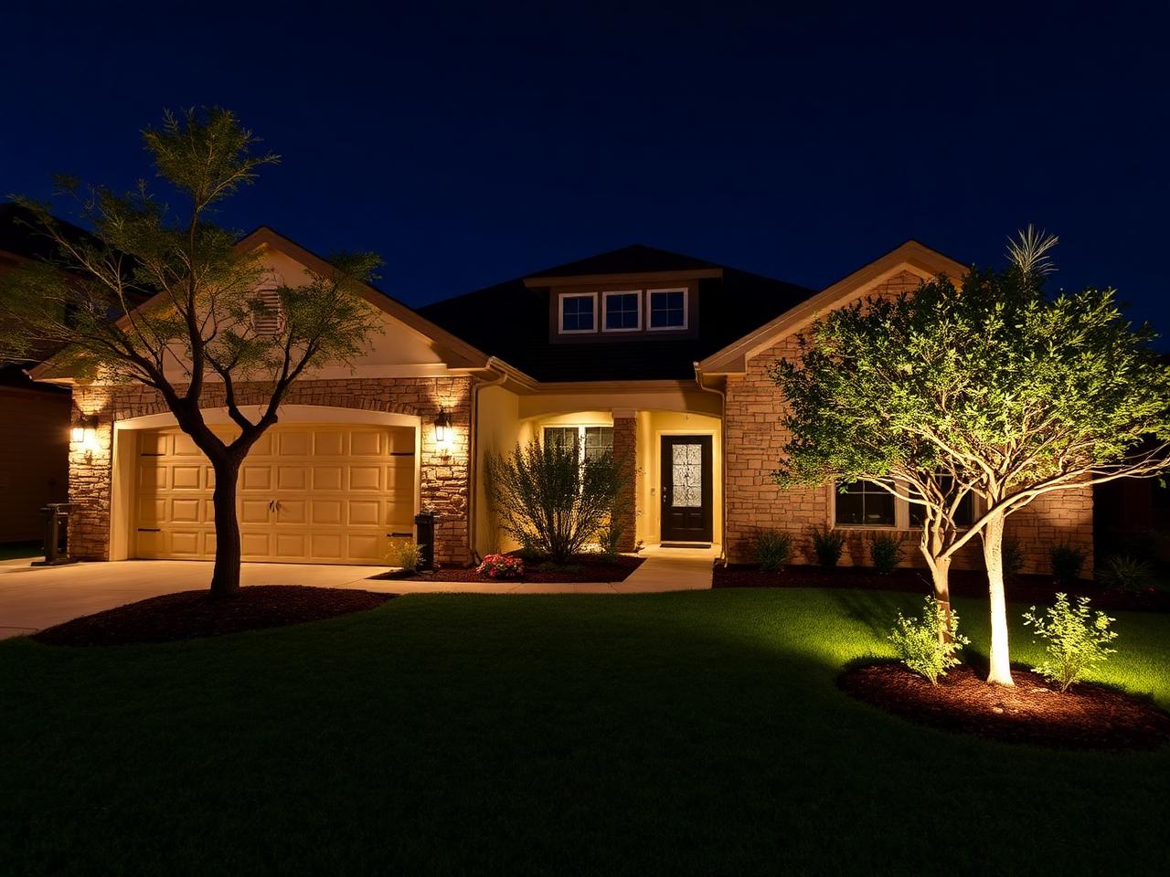 New craftsman style home with stone accents and uplit trees