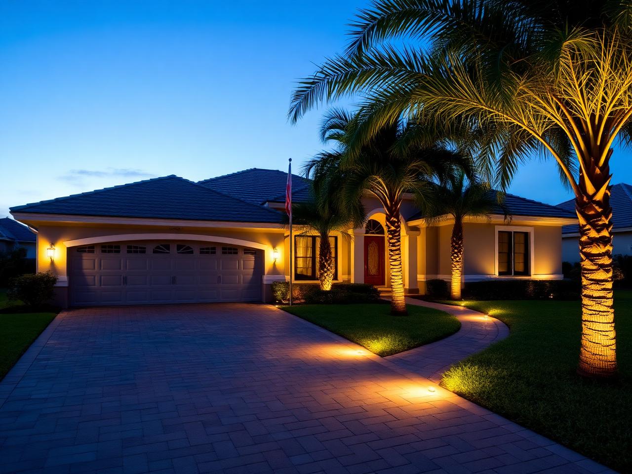 New Florida home with paver driveway and uplit palms