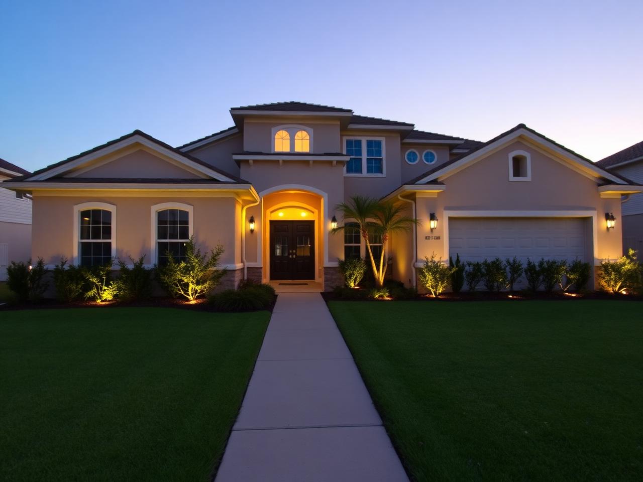 Two-story new Florida home with lit foundation shrubs