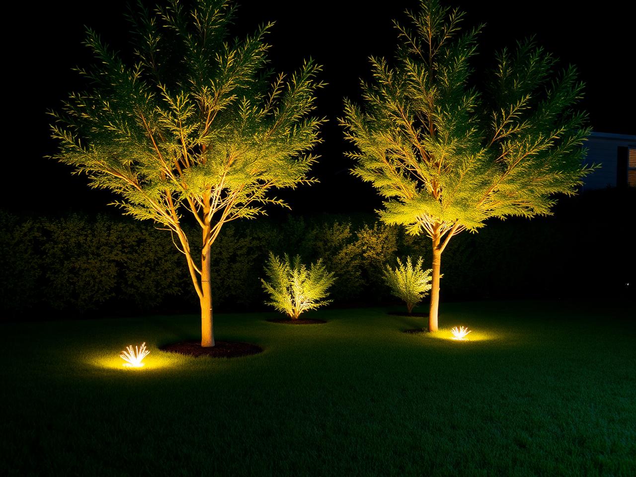 Two uplit trees with a small lit shrub between them