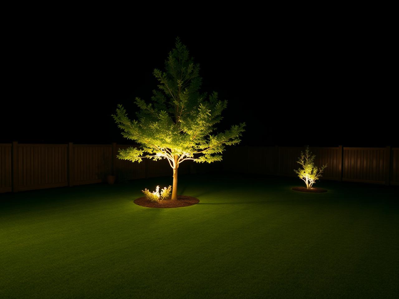 Single uplit tree in a simple backyard lawn