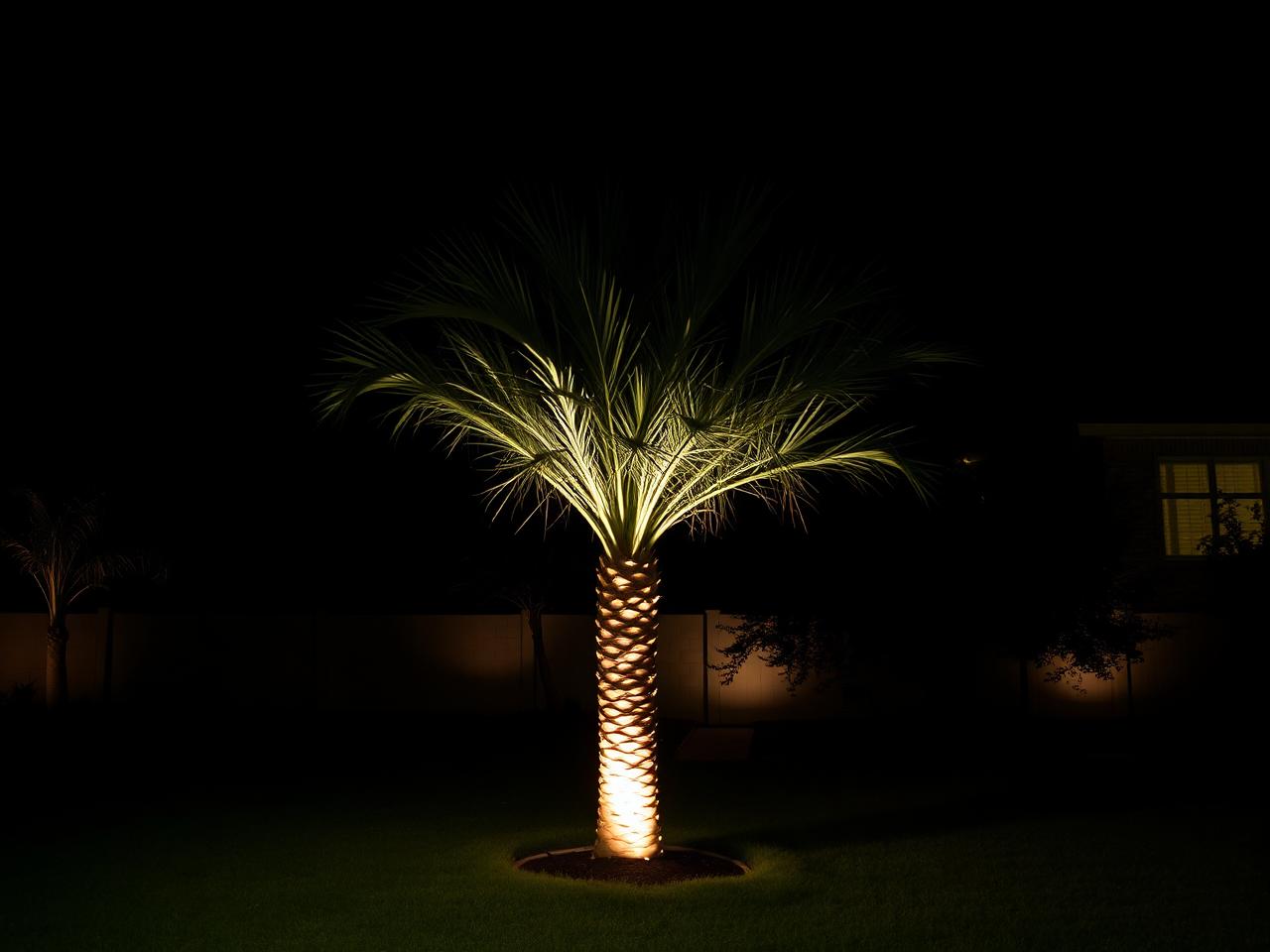 Single uplit palm tree in a front yard