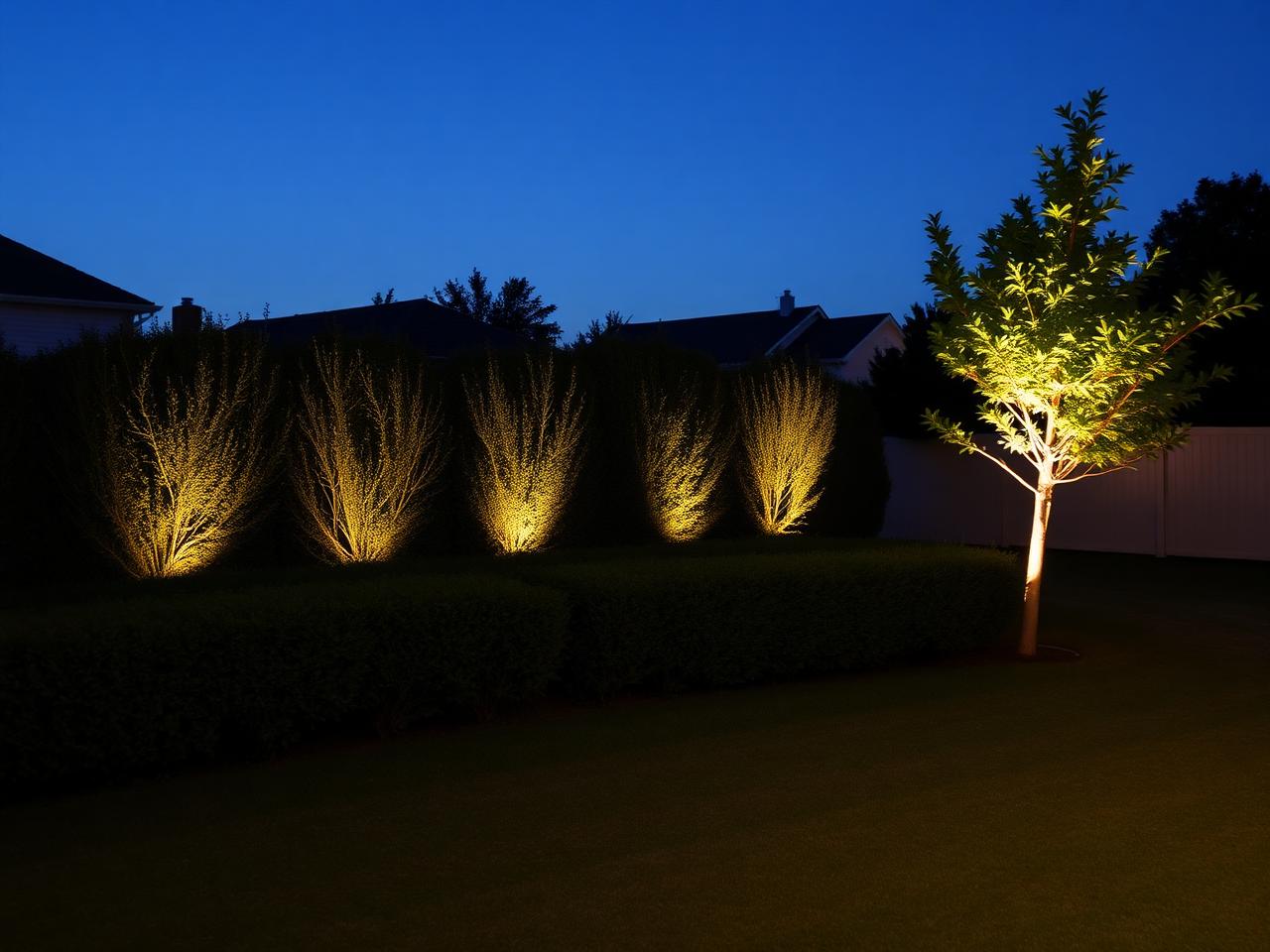 Lit hedge row with one small uplit tree at dusk