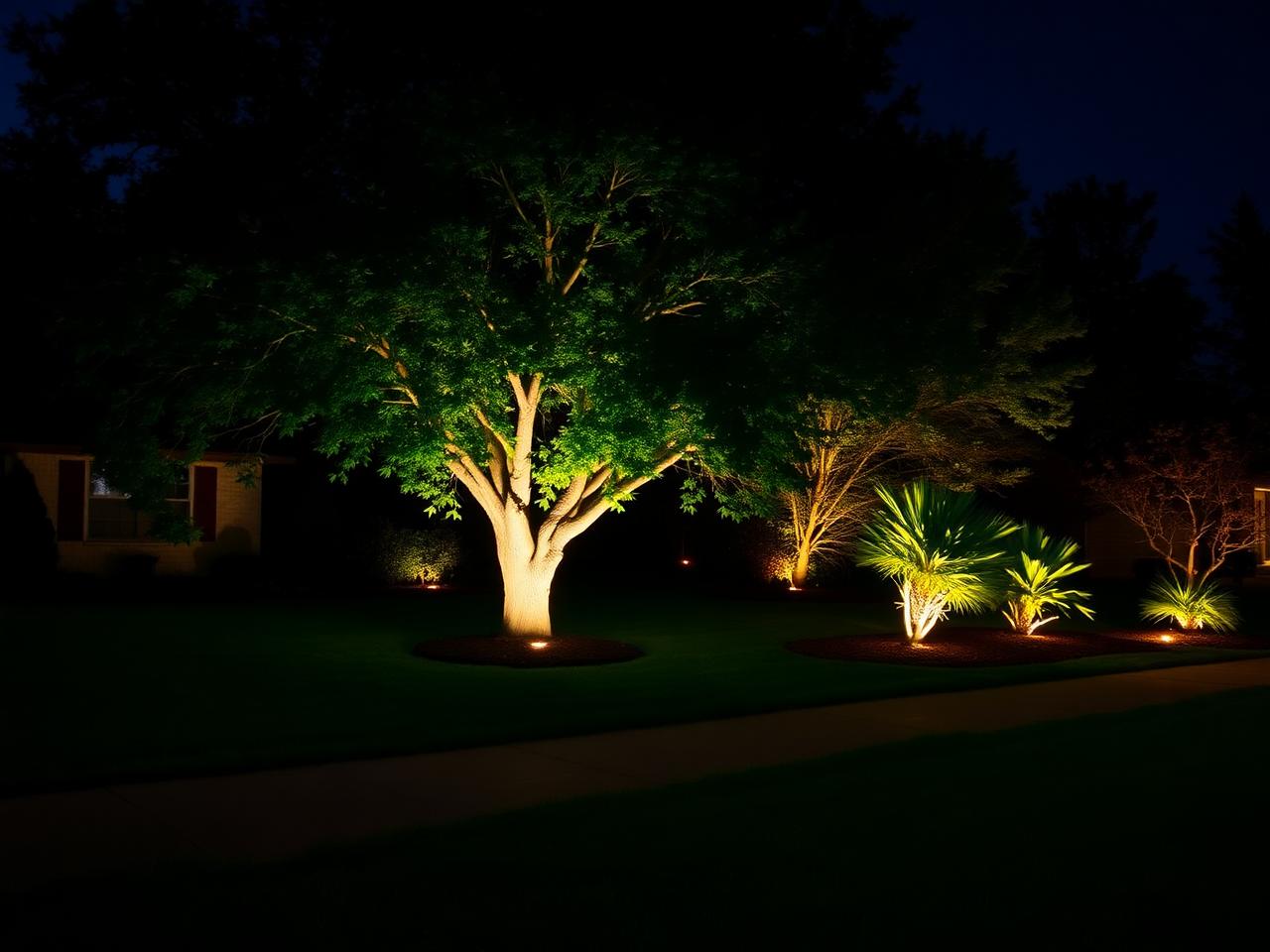 Single uplit oak tree with small lit shrubs along walkway