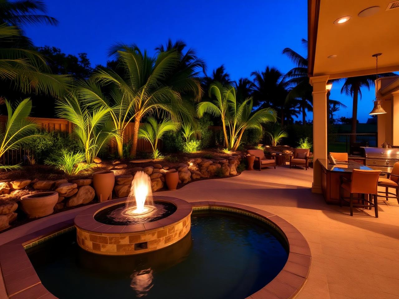 Outdoor lighting around a fountain