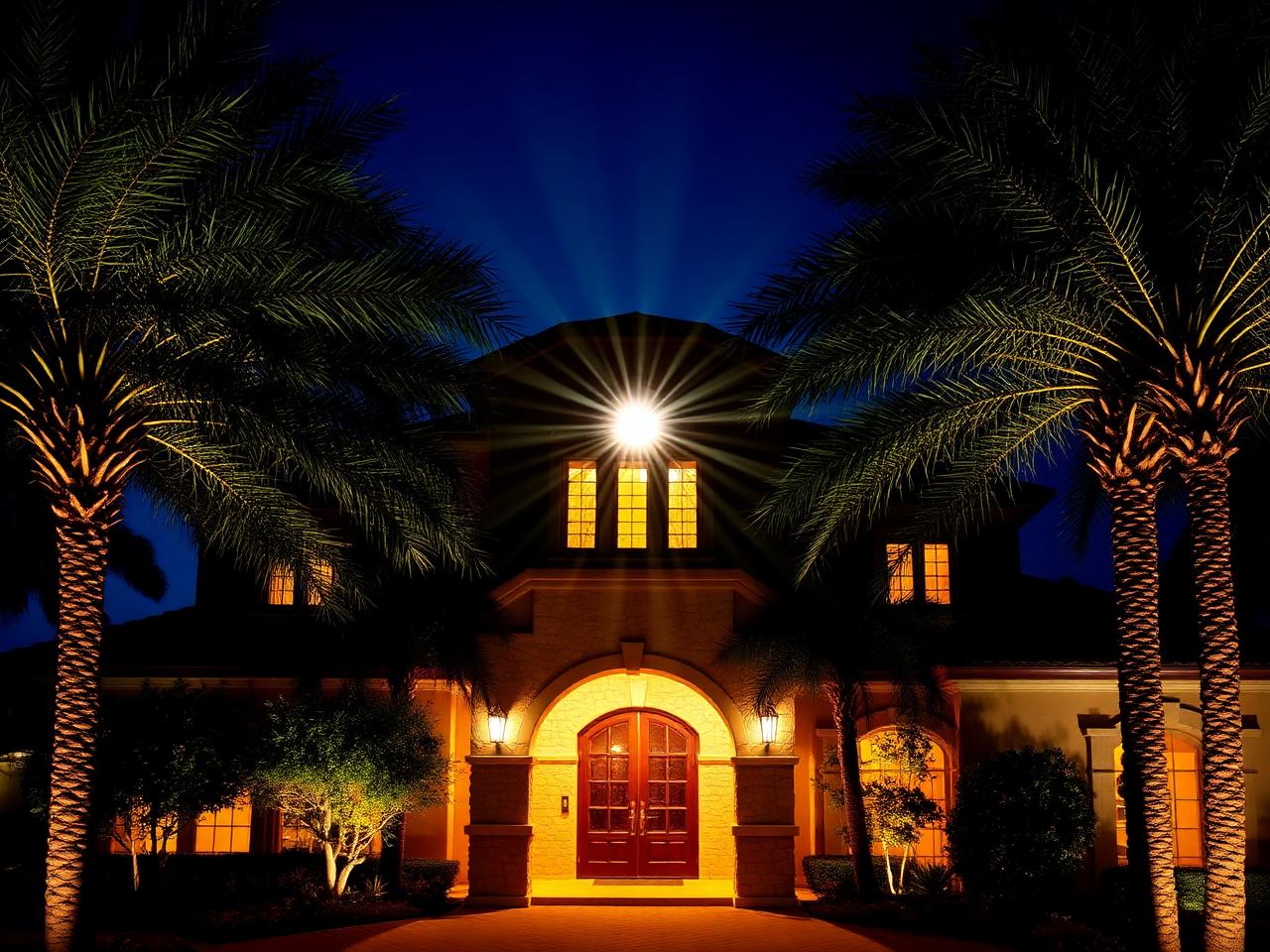 Mediterranean style home at night