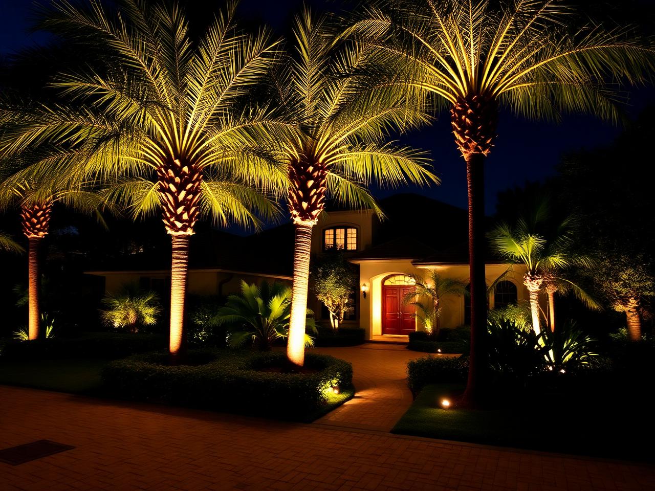 Palm tree uplighting on a Florida home