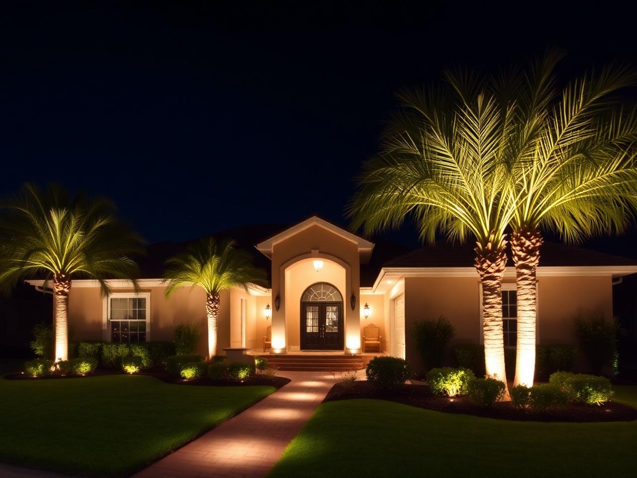 New Florida home at night with path lights and lit foundation shrubs