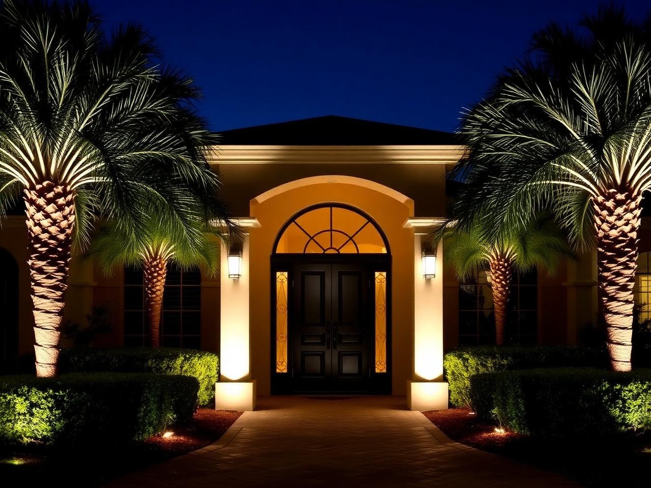 Grand front entrance with column and palm lighting
